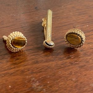HP💜Vint. Tigers Eye Matching Cuff Links &Tie clip Father’s Day gift!